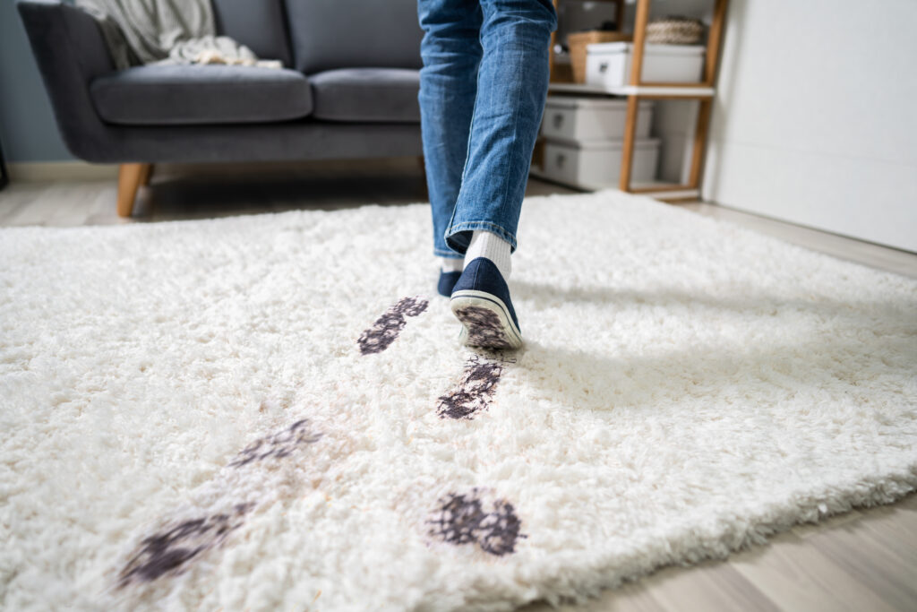 dirty foot traffic from teenagers shoes on white carpet