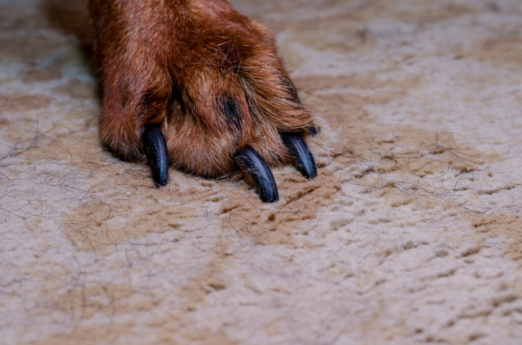 dog paw with long nails putting foot on carpet